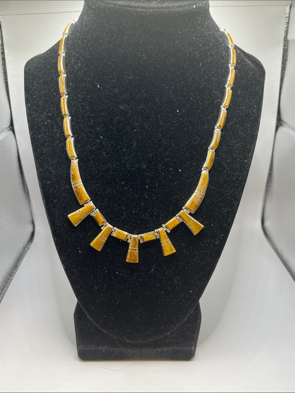 Vintage 950 Silver Oscar Figueroa ESCORCIA Taxco Mexico Tiger Eye Necklace 17”